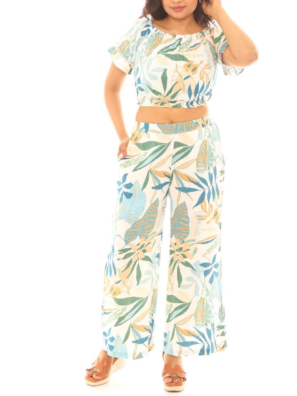 Tropical Print Crop Top & Wide Leg Pants 2-Piece Set